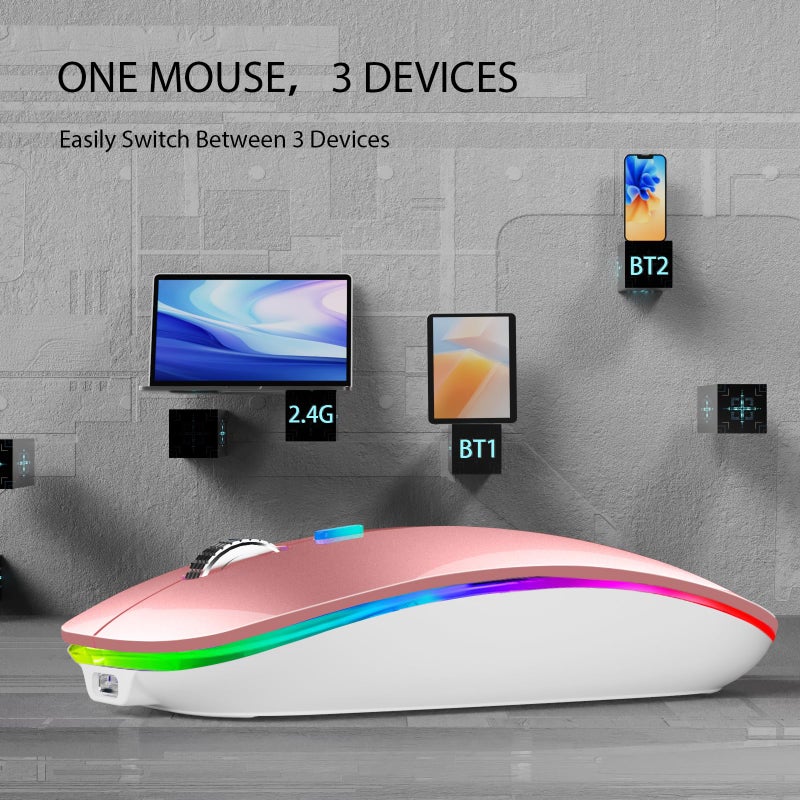 TENMOS Wireless Bluetooth Mouse, LED Slim (BT 5.1 + USB) 2.4GHz Rechargeable Silent Mouse with Type C Adapter for Laptop/MacBook/iPad OS 13 and Above (Rose Gold) - Image 2
